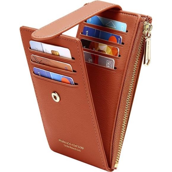 RFID Card Holder Wallet for Women Slim Wallets A-Lychee Pattern-Brown - Picture 1 of 6